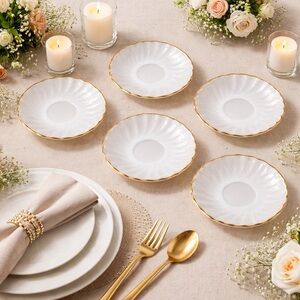 5 Fire King Anchor Hocking Milk Glass White Swirl Gold Trim 6” Plates Saucers